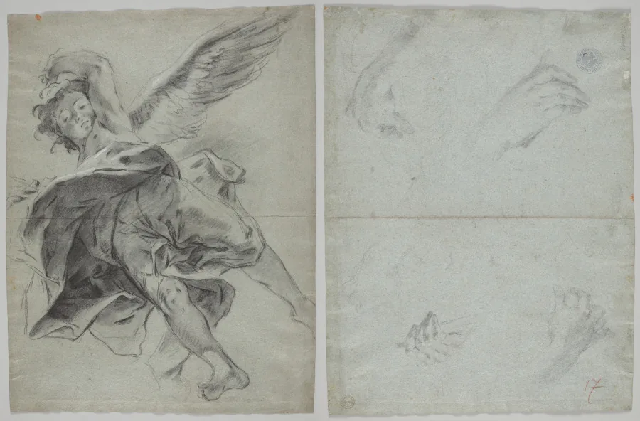 A Flying Angel (recto); Studies of Hands Playing Instruments (verso)