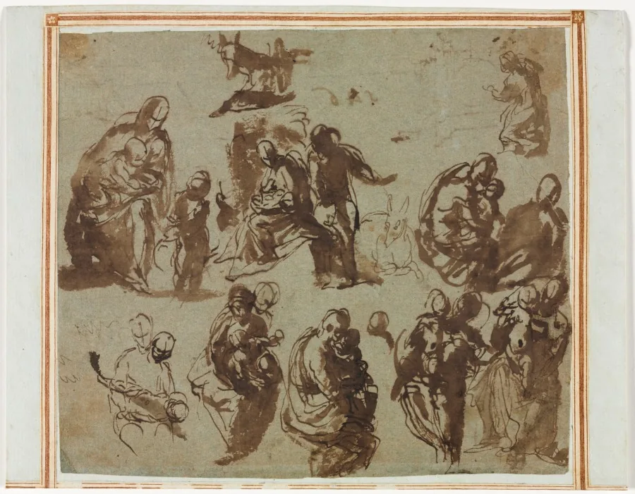 Various Sketches of the Madonna and Child (recto); Architectural Studies (verso) [partially visible on recto]