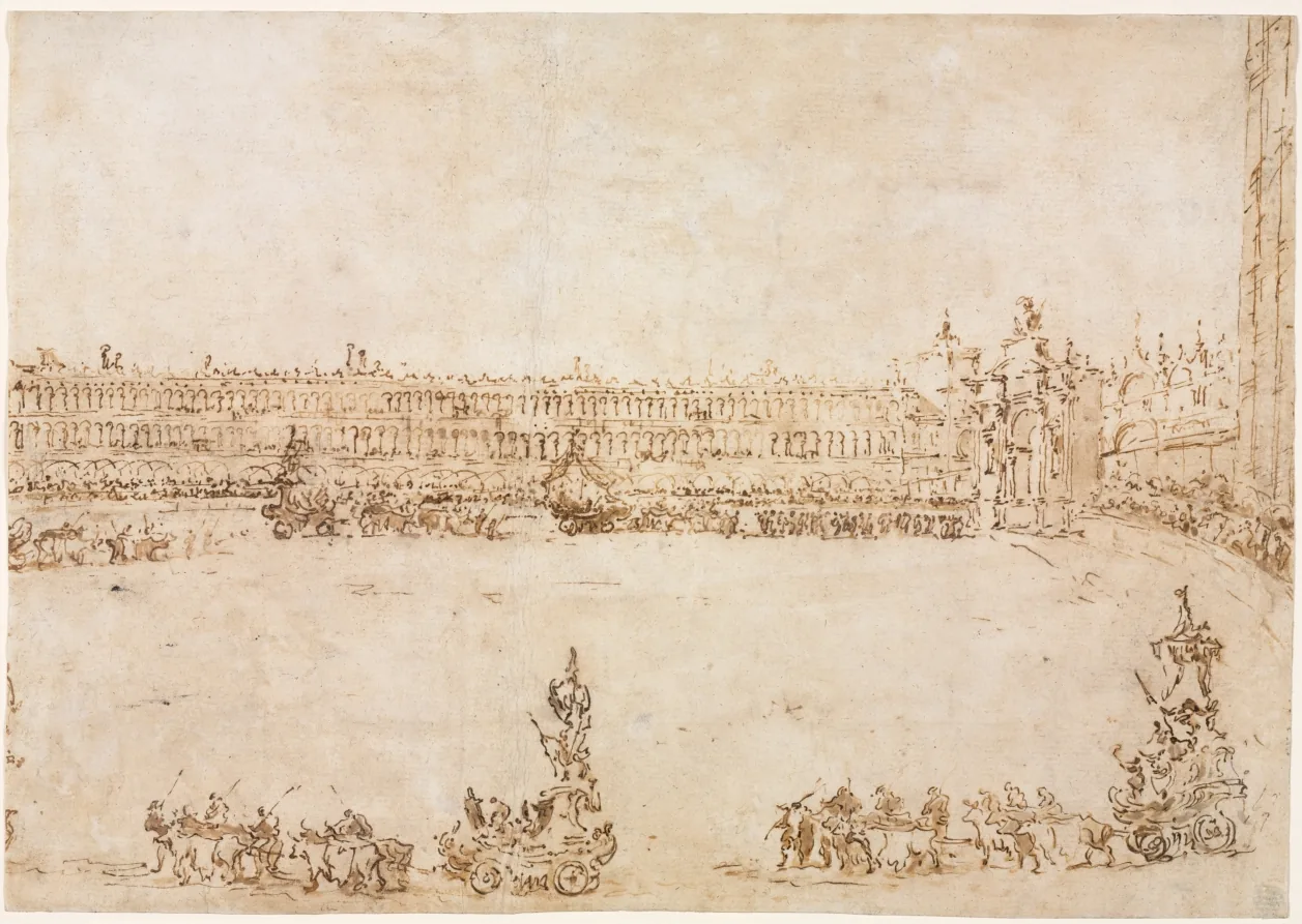 A Procession of Triumphal Cars in the Piazza San Marco, Venice, Celebrating the Visit of the Conti del Nord (recto)