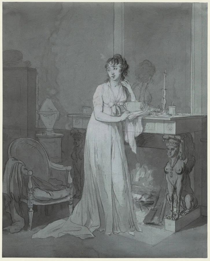 Woman in Front of a Fireplace