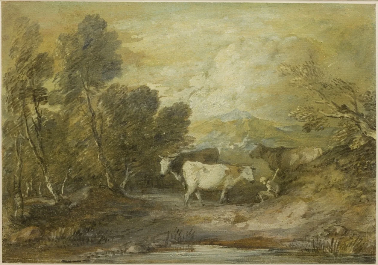 A Herdsman with Three Cows by an Upland Pool