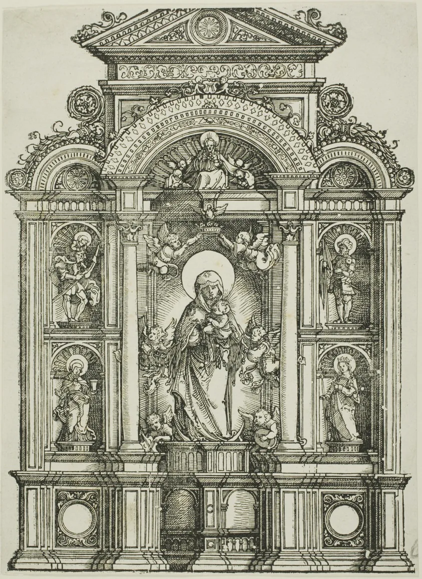 Altarpiece with the Beautiful Virgin of Regensburg and Saints Christopher, Mary Magdalen, Florian and Catherine Standing in Niches, with God the Father Above