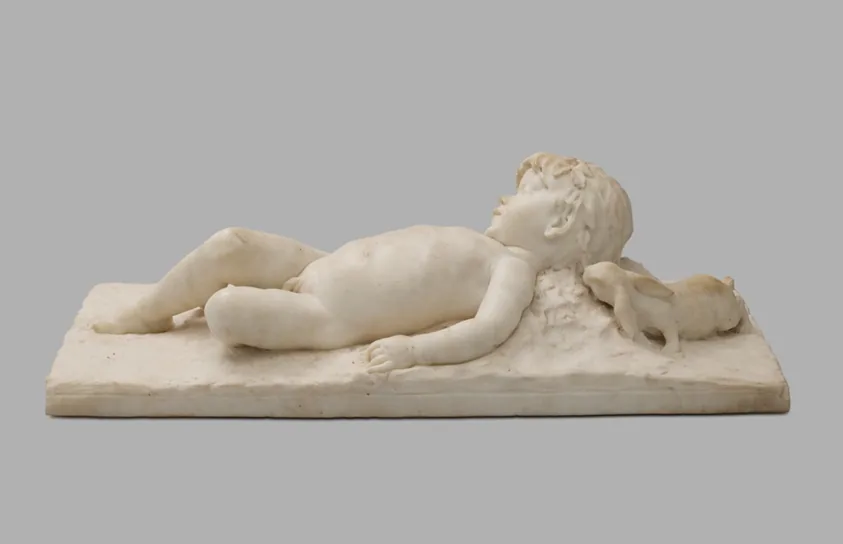 Sleeping Infant Faun Visited by an Inquisitive Rabbit
