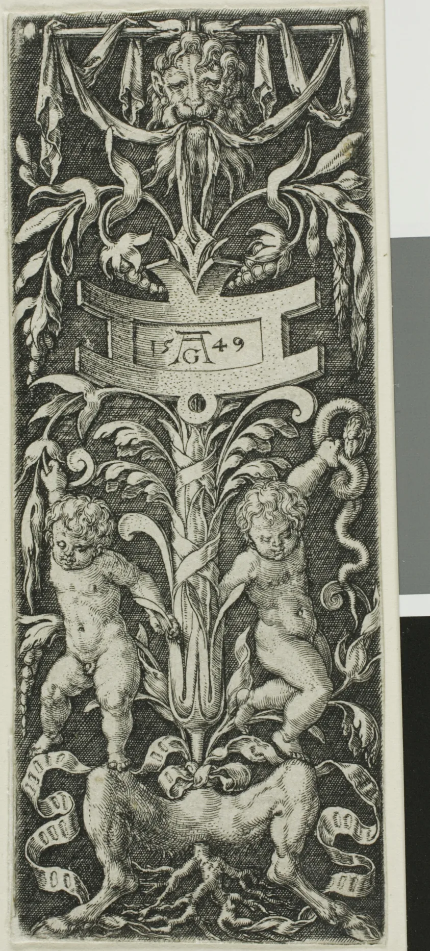 Panel of Ornament with Two Nude Boys Standing on the Legs of a Satyr