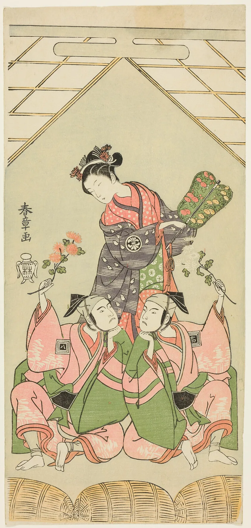 Actors Segawa Kikunojô II as Reizei, Ichikawa Komazô I as Suruga no Hachirô, and Ichikawa Yaozô II as Tada no Kurando in “The Genji Clan Now at Its Zenith” (“Ima o sakari suehiro Genji”)